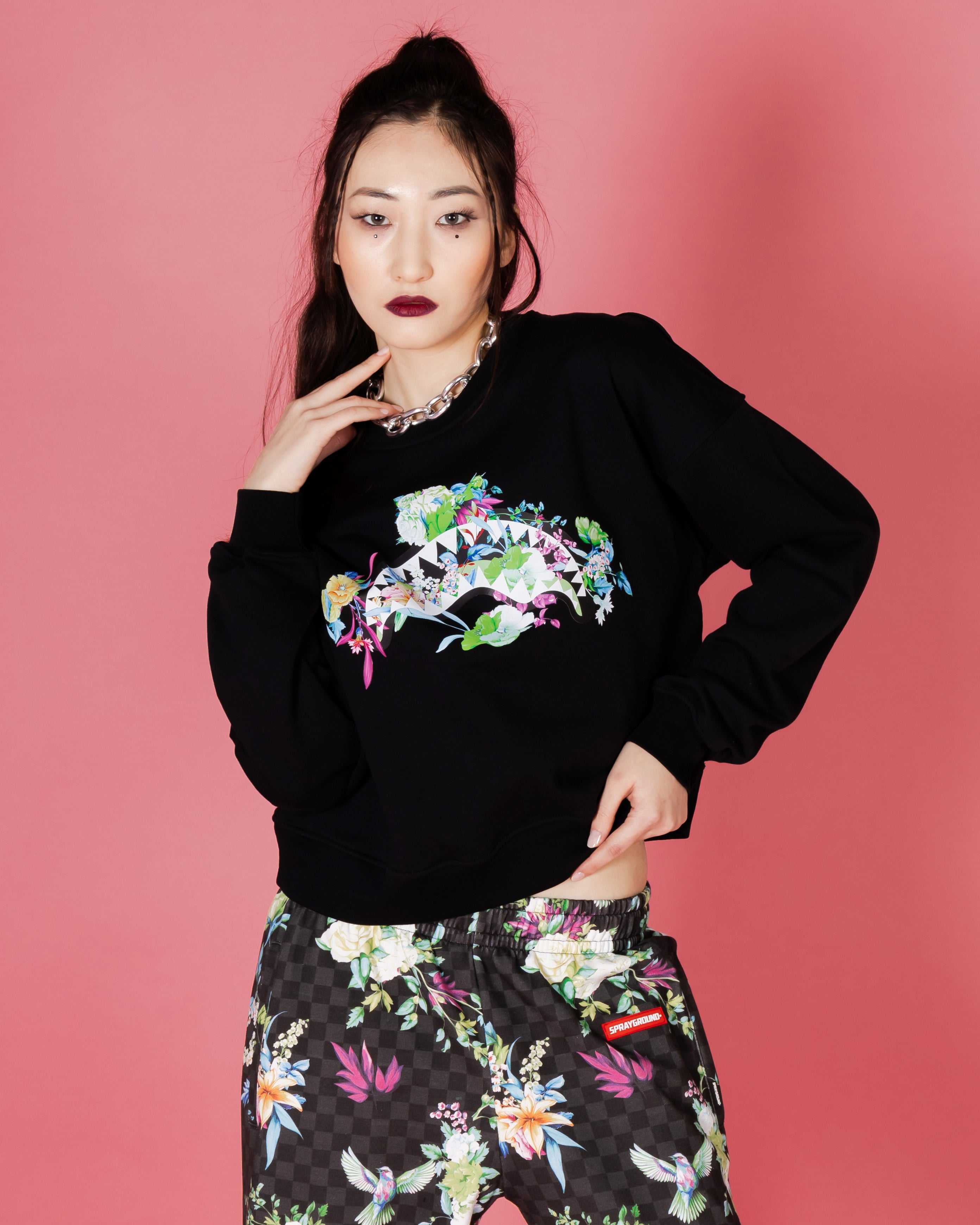 Φούτερ γυναικεια Sprayground Neon Floral Shark Crewneck μαυρα | 2416EXSZD