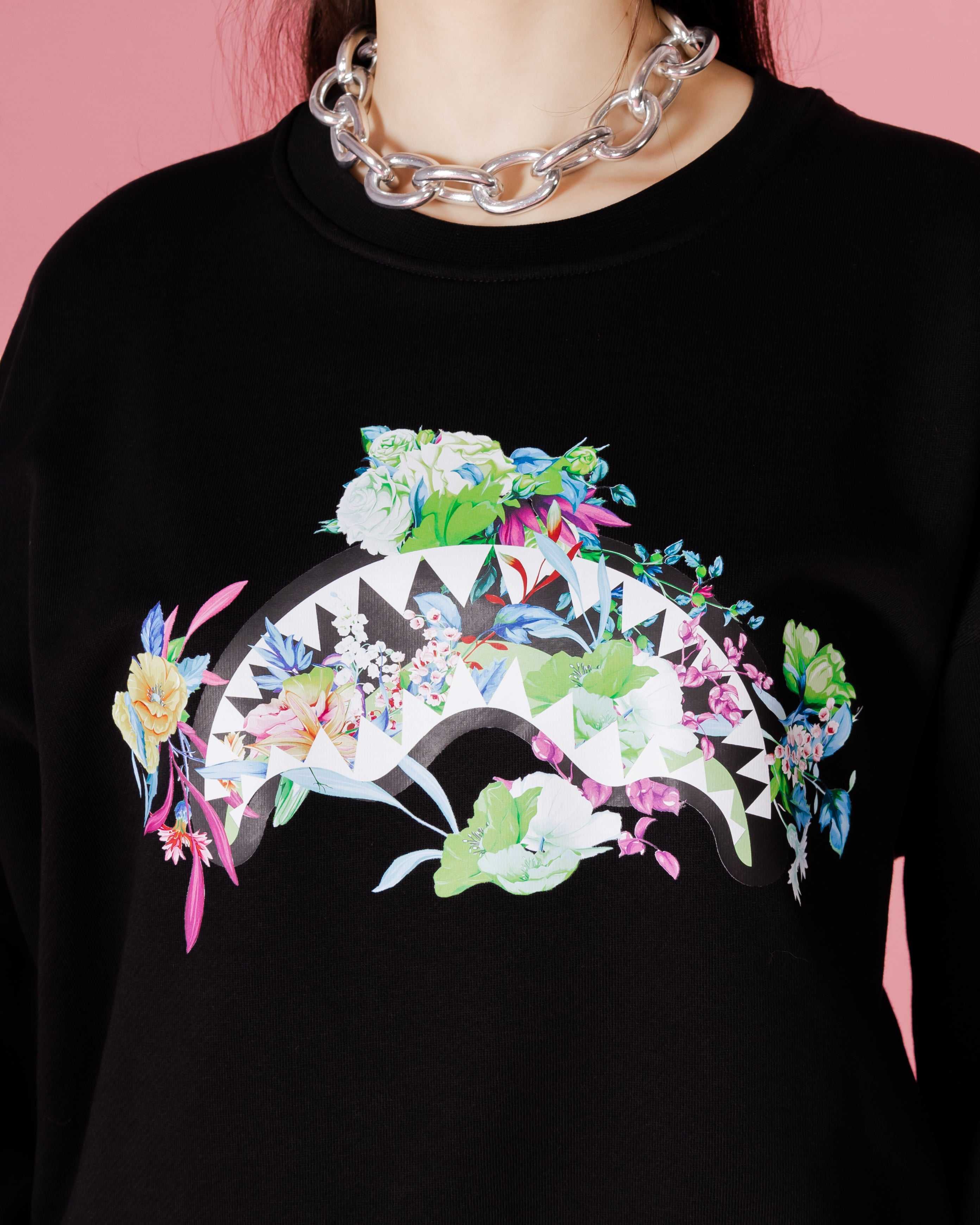 Φούτερ γυναικεια Sprayground Neon Floral Shark Crewneck μαυρα | 2416EXSZD