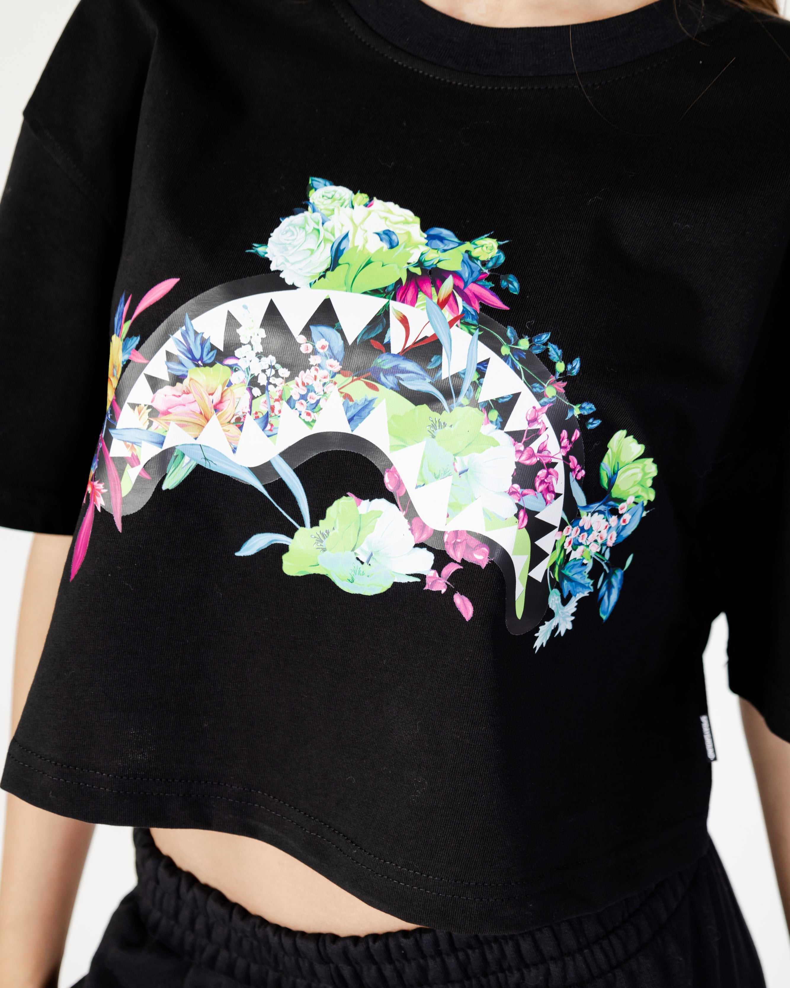 Μπλουζακι γυναικεια Sprayground Neon Floral Shark Tee Crop μαυρα | 8524PTKHA