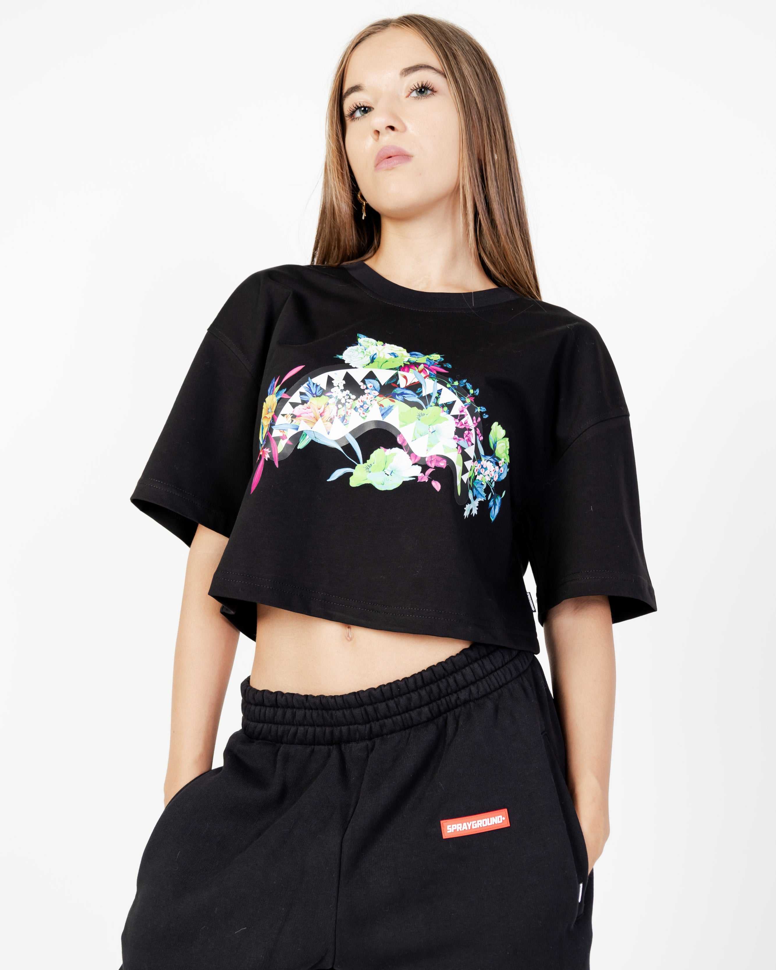 Μπλουζακι γυναικεια Sprayground Neon Floral Shark Tee Crop μαυρα | 8524PTKHA