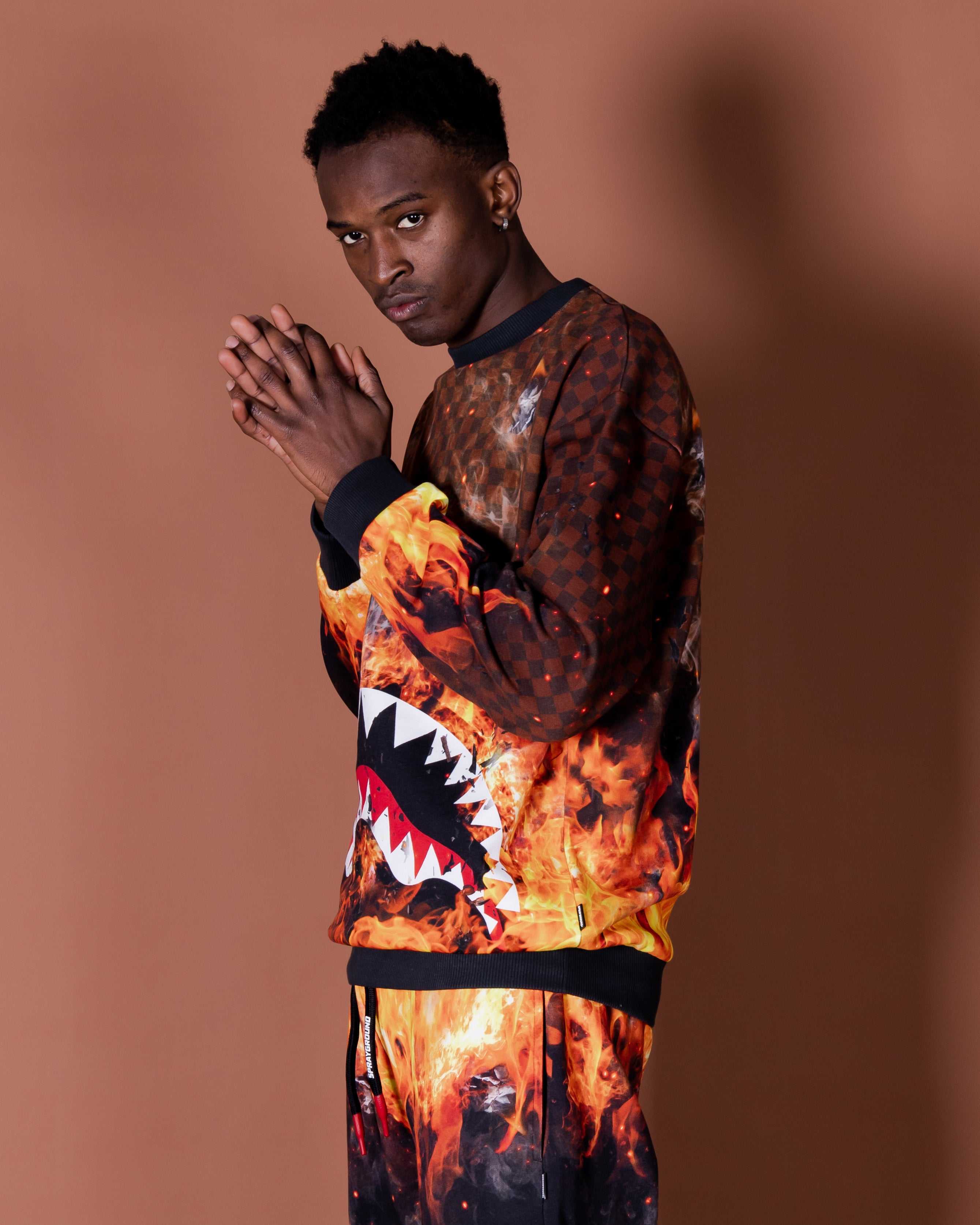 Φούτερ ανδρικα Sprayground Shark On Fire Crewneck καφε | 1596FIXLR