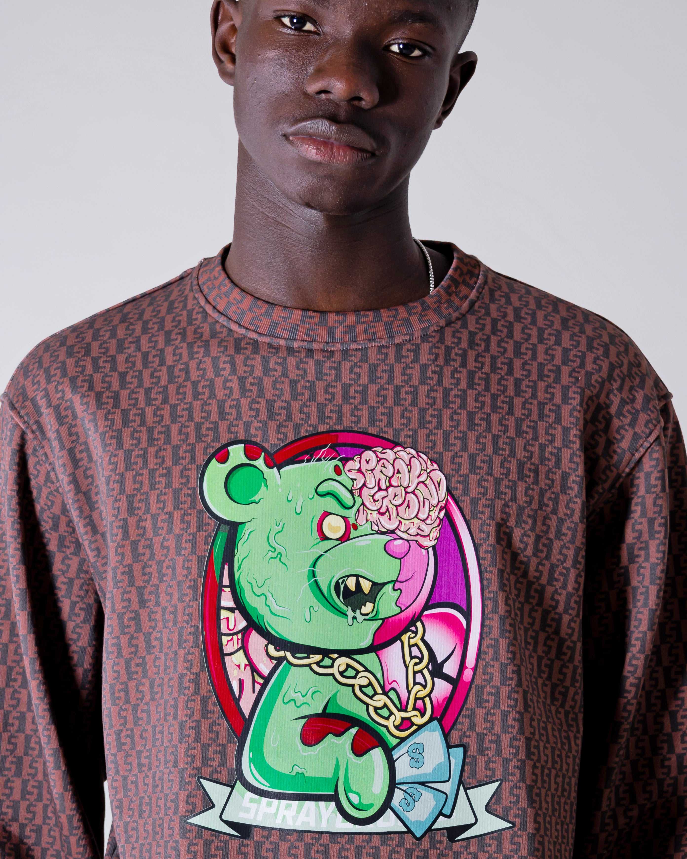 Φούτερ ανδρικα Sprayground Zombie Bear Money Checkered Crewneck καφε | 2876YPAZD